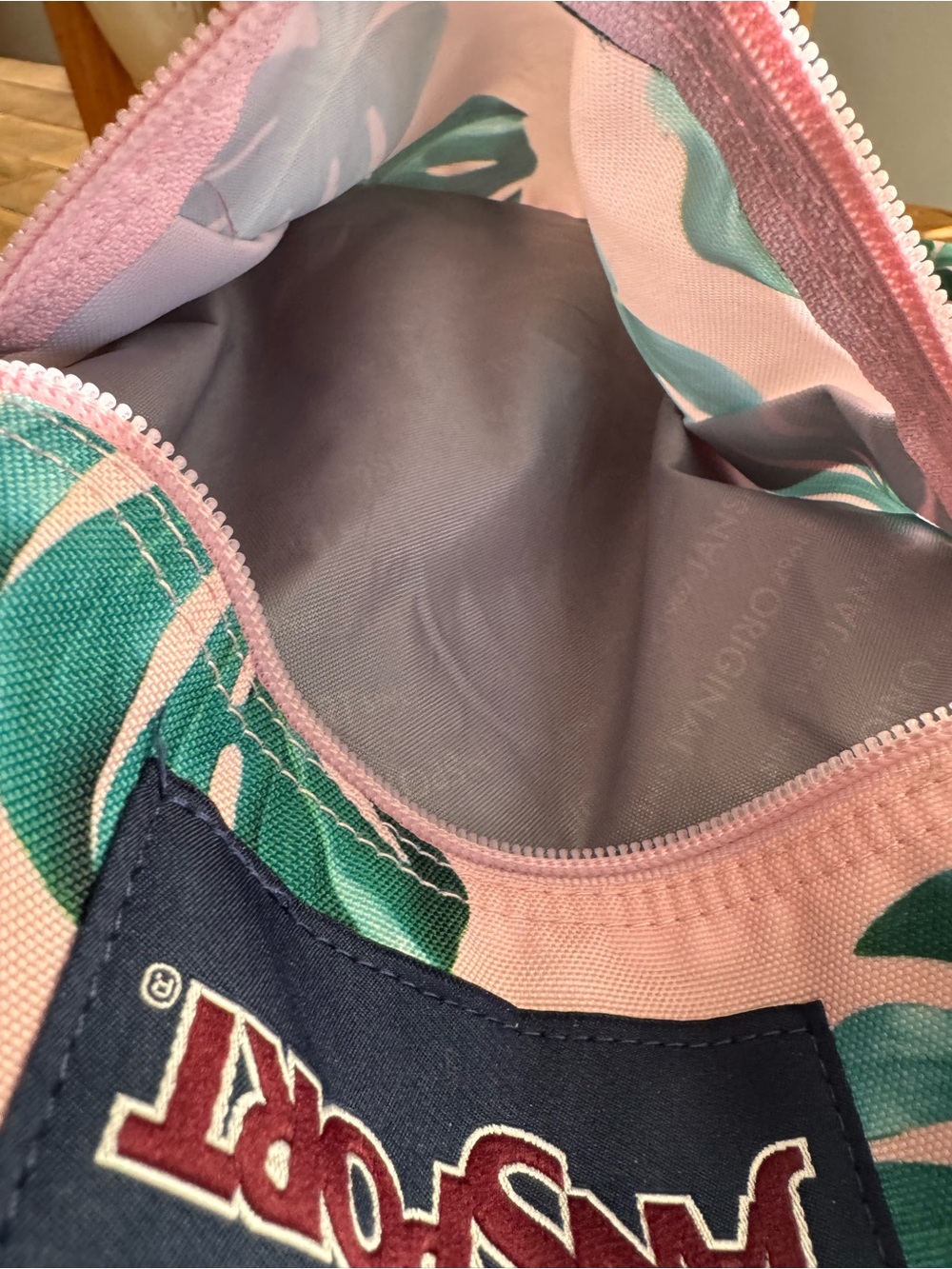 Jansport Pink Backpack with Green Tropical Leaf Print - Picture 3 of 13